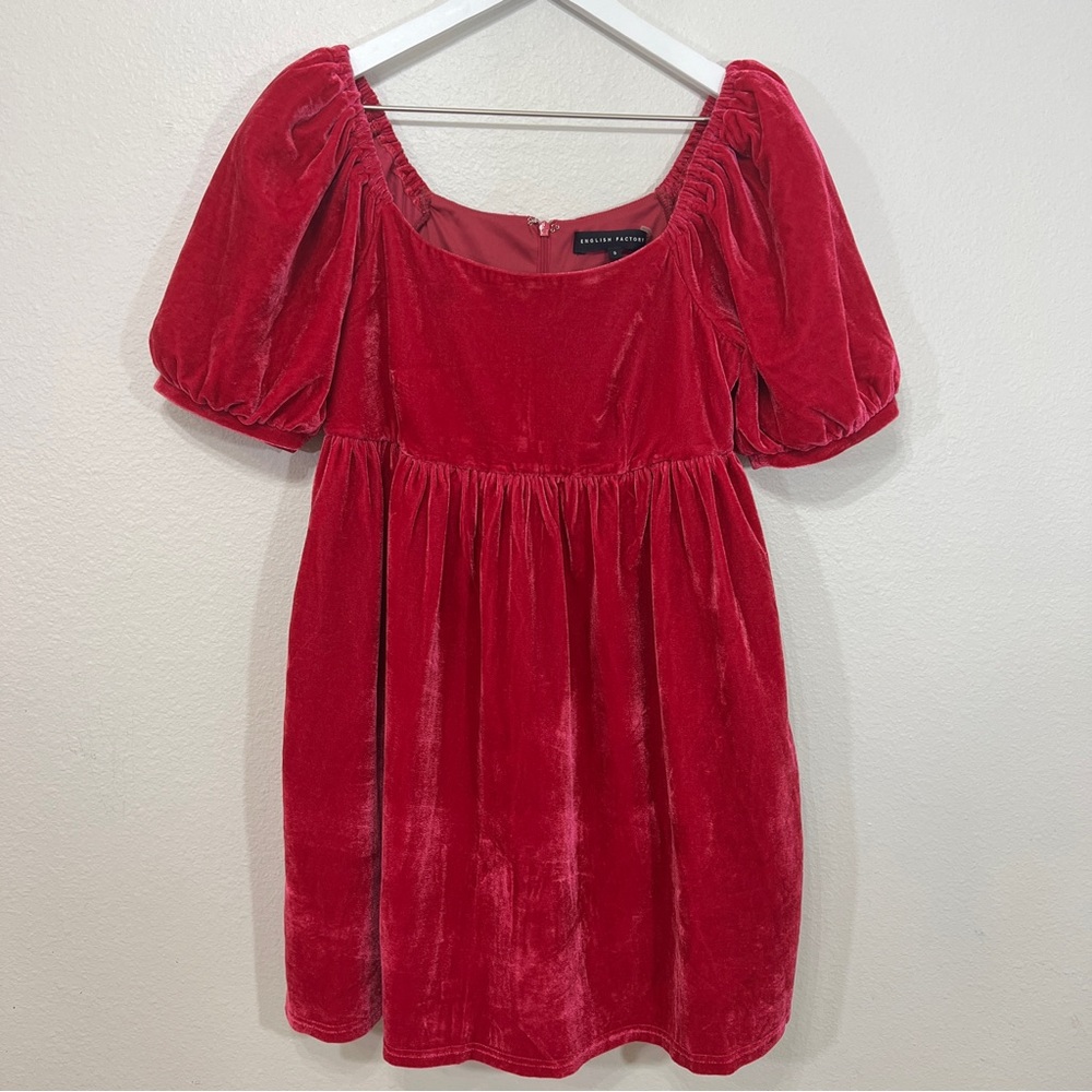 English Factory Rasbperry Red Pink Puff Sleeve Velvet Babydoll Dress Size Small